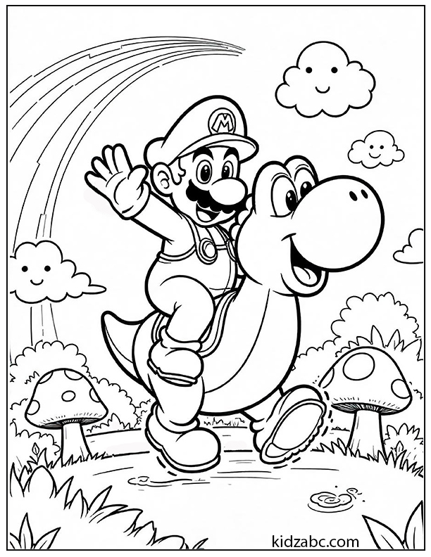 Mario riding on Yoshi in a magical fantasy land coloring page