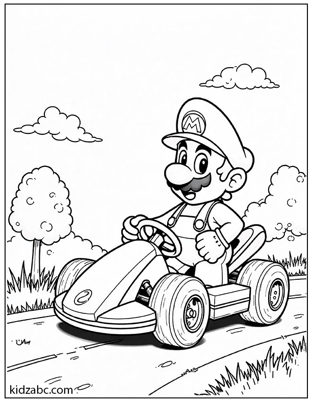 Mario sitting to his super racing car coloring page