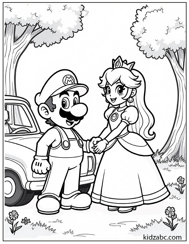 Mario standing beside Princess to a car coloring page