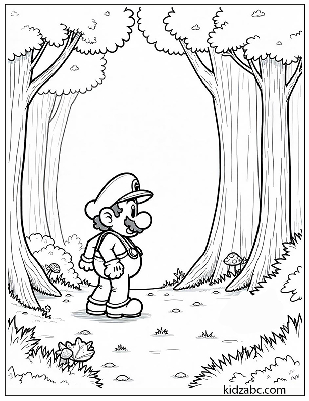 Mario standing in a lush, enchanted forest coloring page