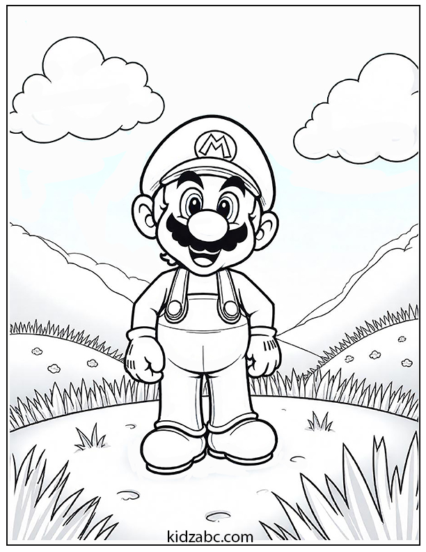 Mario standing in a open field with fluffy clouds in the sky