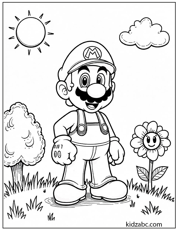 Mario standing in a sunny field with a smiling flower coloring page