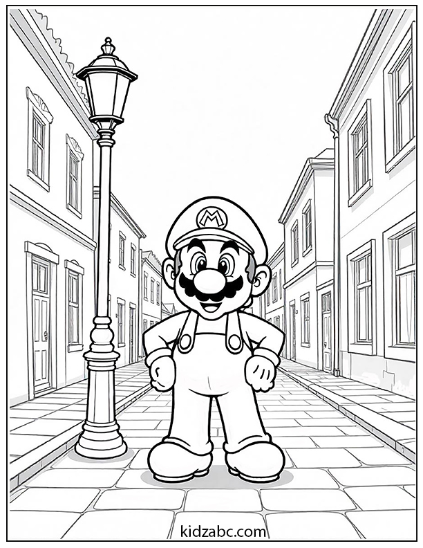 Mario standing under a tall lamppost on a cobblestone road coloring page