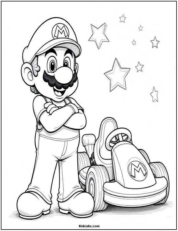 Mario stands proudly beside his go-kart in a coloring page.