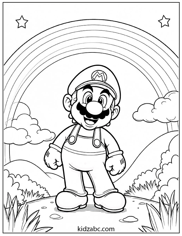 Mario stands under a rainbow with stars and clouds