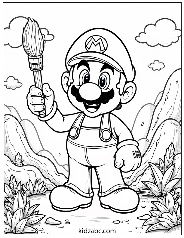 Mario the painter with a large brush in a landscape