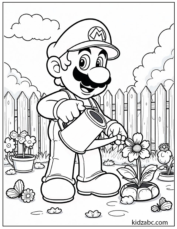 Mario watering plants in a garden coloring page