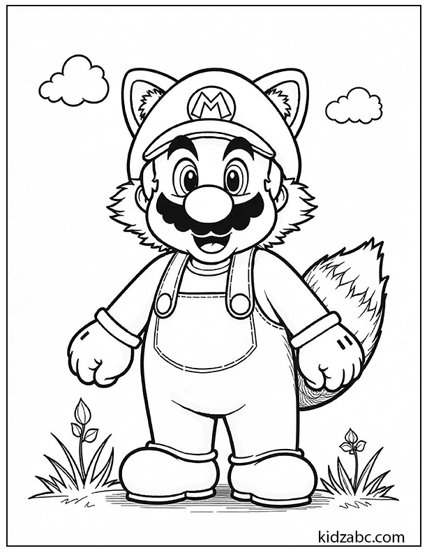 Mario wearing a raccoon suit coloring page