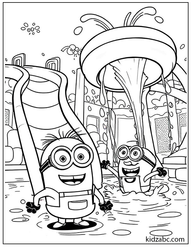 Minion at a water park, sliding down a twisty water slide with a big smile, splashing into the pool.