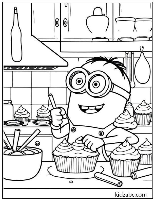 Minion baking cupcakes in the kitchen