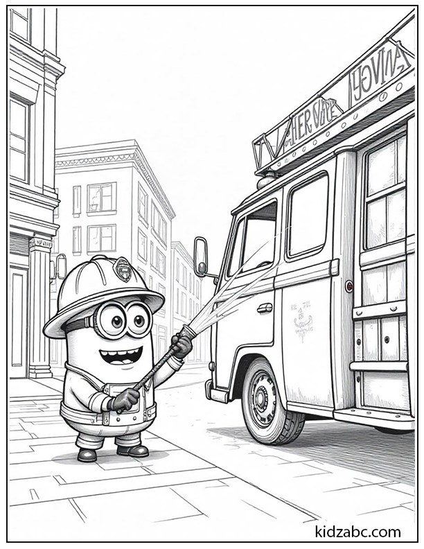 Minion dressed as a firefighter spraying water