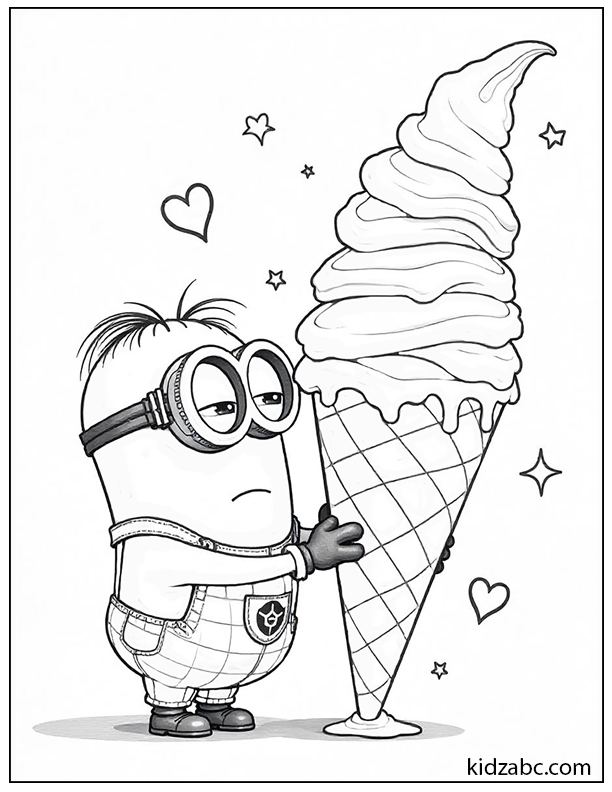 Minion holding a giant ice cream cone that is taller than him