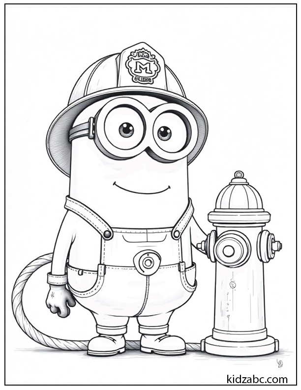 Minion wearing fireman attire, including a helmet and boots, smiling and holding a water hose connected to a fire hydrant.