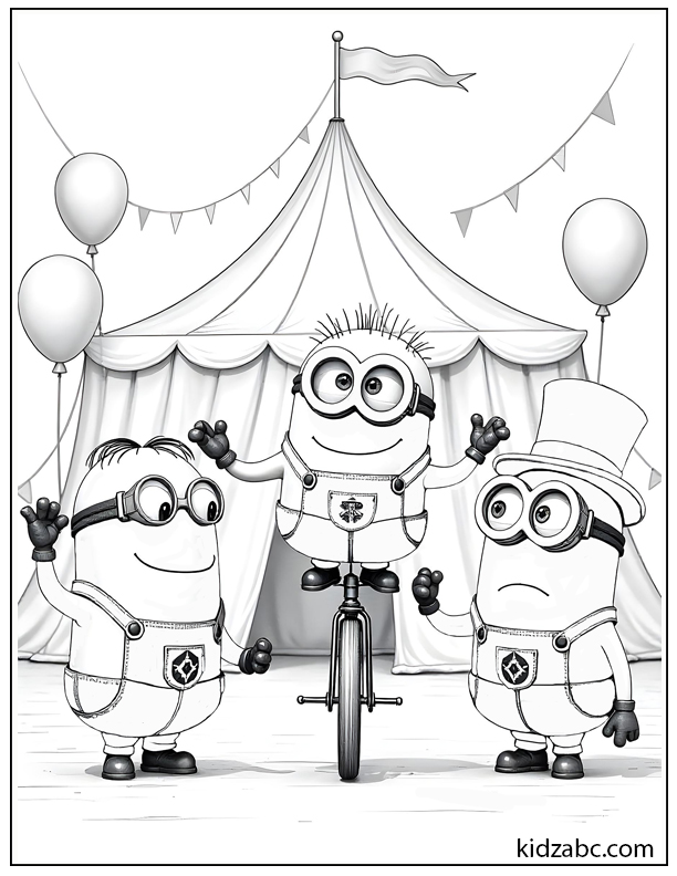 Minions as circus performers — one juggling balls, one riding a unicycle, and one dressed as a ringmaster.
