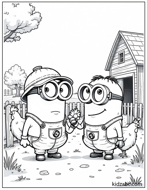 Minions at a farm, feeding chickens, riding a tractor, and petting cows