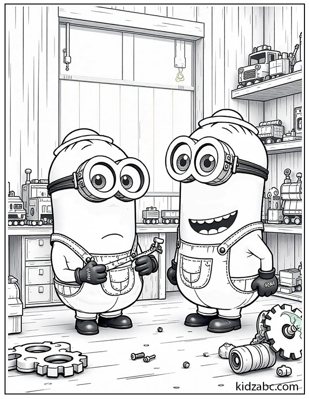 Minions in a toy workshop, dressed as toy makers with aprons and hats, happily building fun toys 