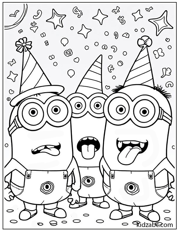 Minions making funny faces — wacky expressions with squiggly eyes, tongues sticking out, and wearing goofy hats.