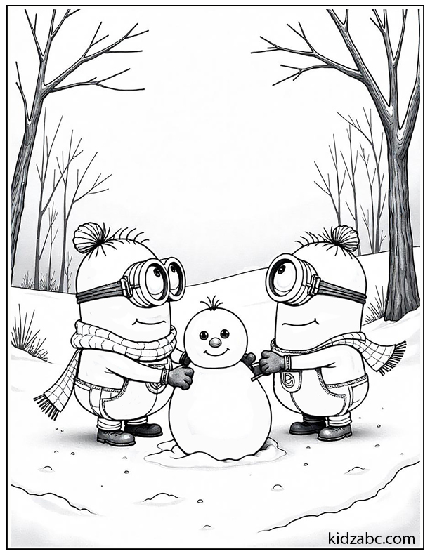 Minions playing in the snow, having a snowball fight, building a snowman, and making snow angels