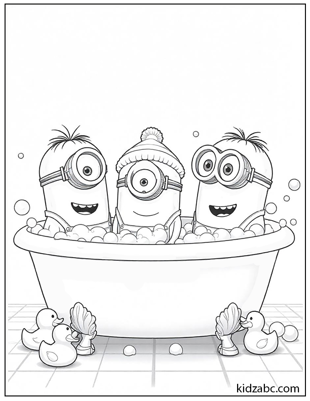 Minions sitting in a big bathtub filled with soap bubbles, surrounded by rubber duckies and bath toys