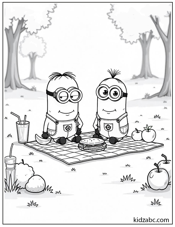 Minions sitting on a checkered blanket with sandwiches, fruit, and juice boxes