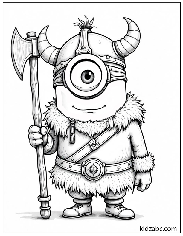One-eyed minion wearing Viking clothes, including a horned helmet and fur-trimmed armor, holding a Viking axe.