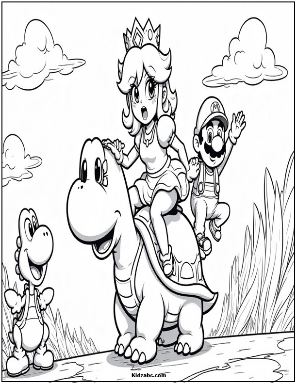 Princess Peach and Mario ride a turtle; Yoshi greets them.