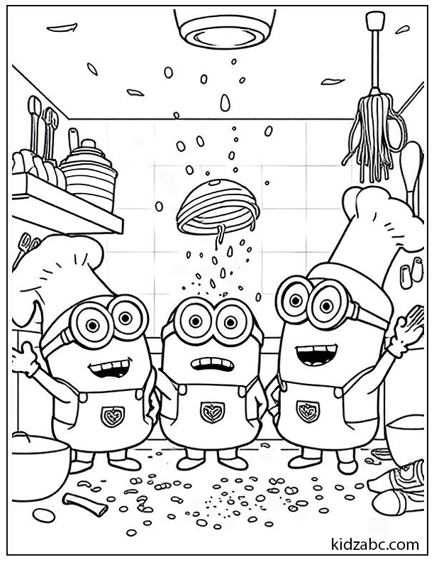 Silly Minions dressed as chefs in a messy kitchen.
