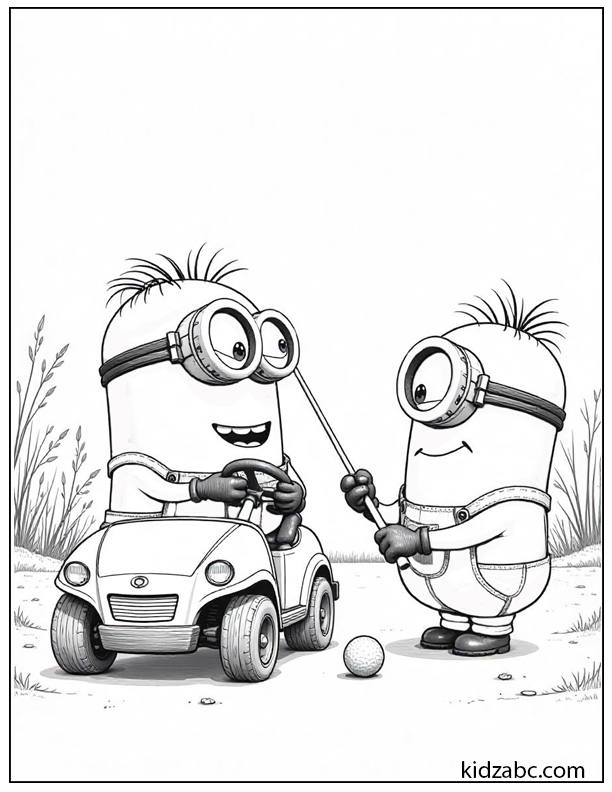 The minion is happily riding a small golf cart with a steering wheel, and the other Minion is standing nearby swinging a golf club at a golf ball on the ground.