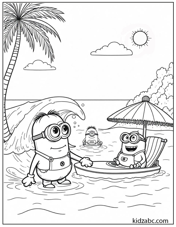 Three fun Minions are having fun on the beach—one in a boat, one walking in the water, and one swimming away.