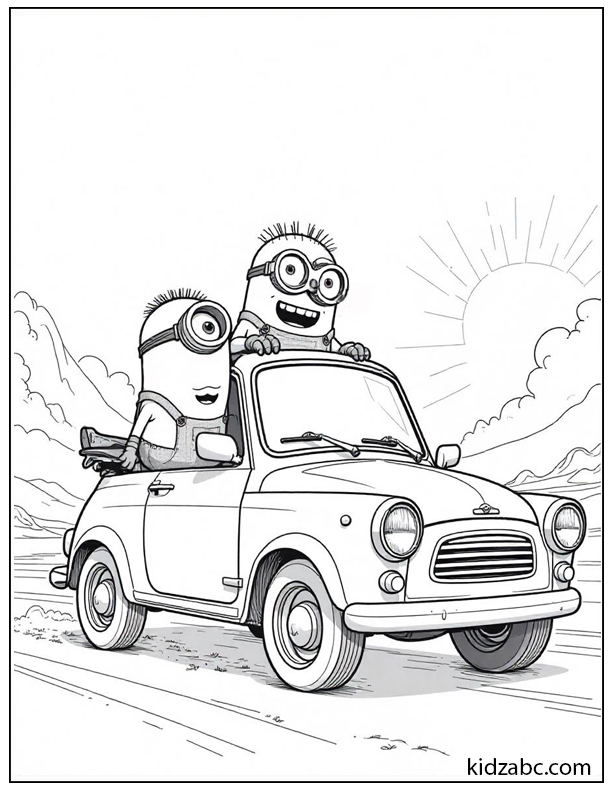 Two minions riding with Gru on a cartoon-style car. One minion is on the wheels, one is at the back