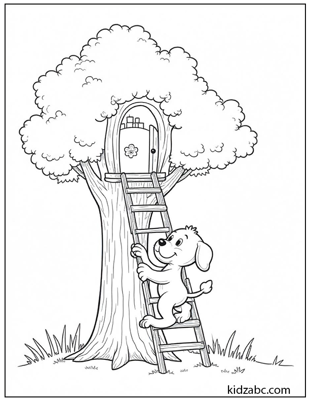 A bravy puppy climbing a ladder to a treehouse