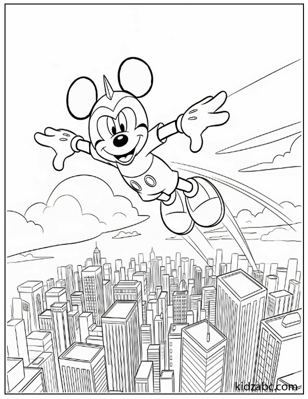A cartoon mouse superhero soaring above a sprawling cityscape