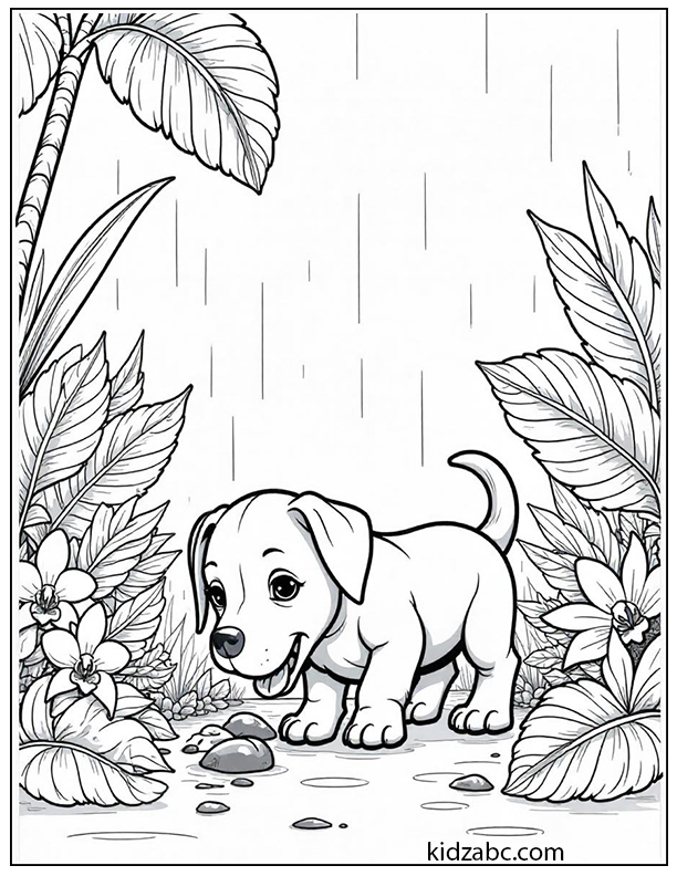 A cartoon puppy digging in the garden
