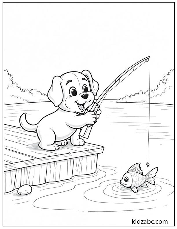 A cartoon puppy fishing with a fishing rod