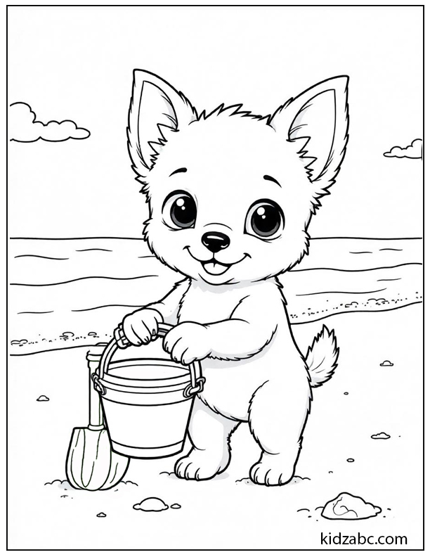 A cute cartoon puppy at the beach with a bucket and shovel