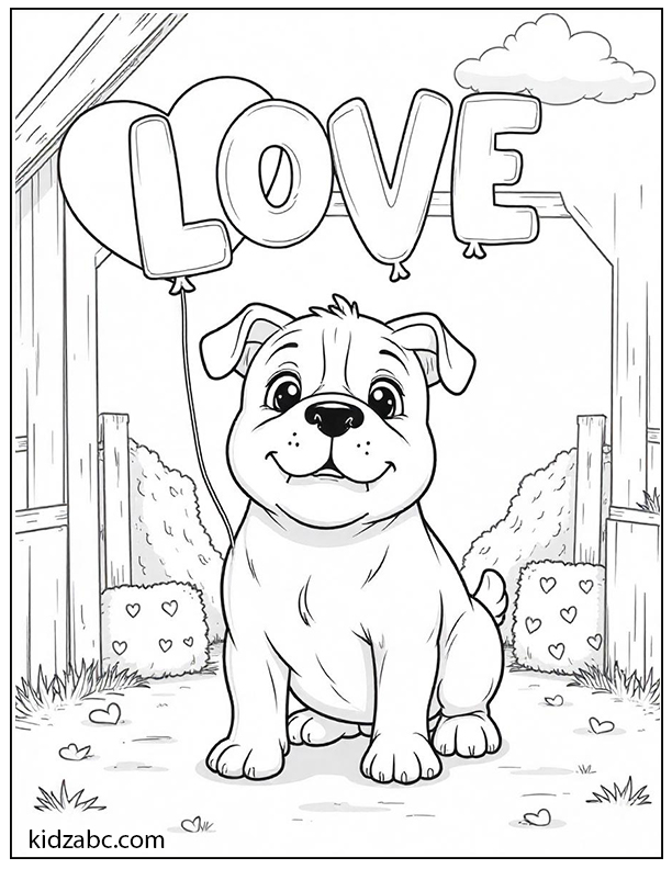 A cute cartoon puppy with balloons spelling LOVE