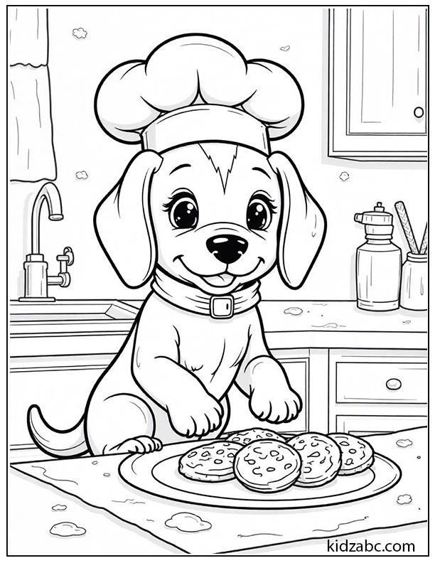 A cute puppy baking cookies wearing a chef hat