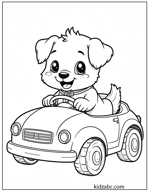 A cute puppy driving a toy car