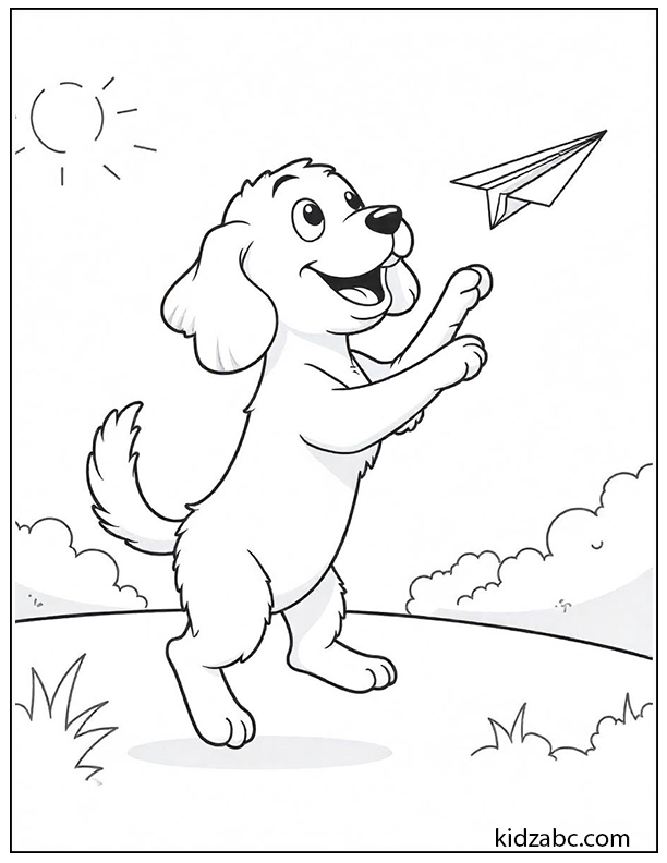 A cute puppy flying a paper airplane