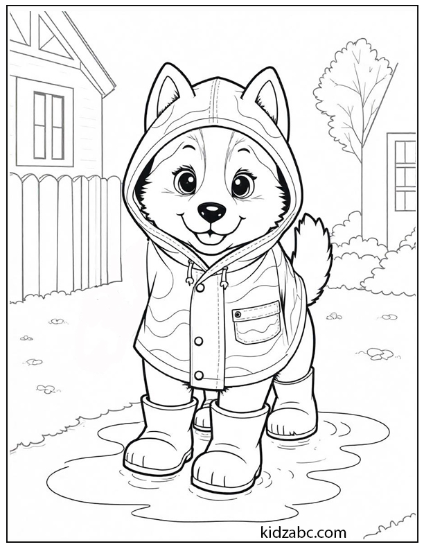 A cute puppy in a raincoat and boots