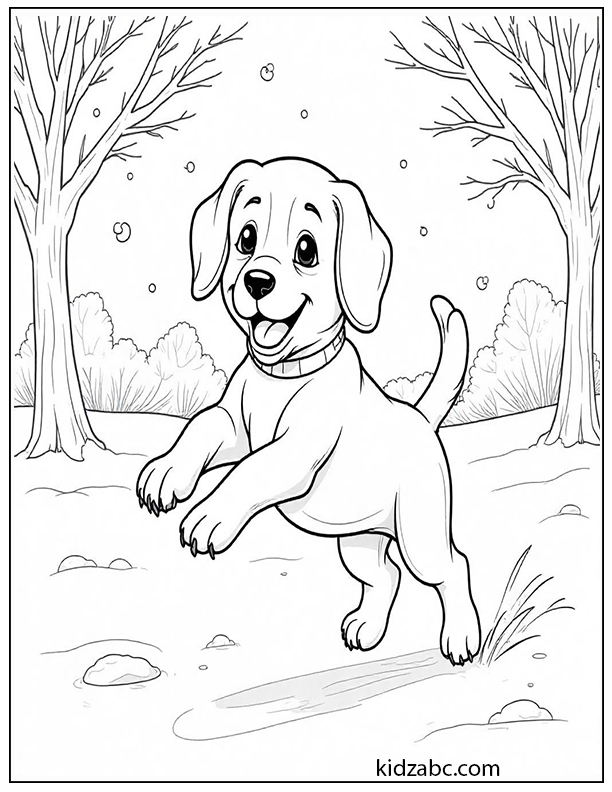 A cute puppy playing in snow, with snowflakes