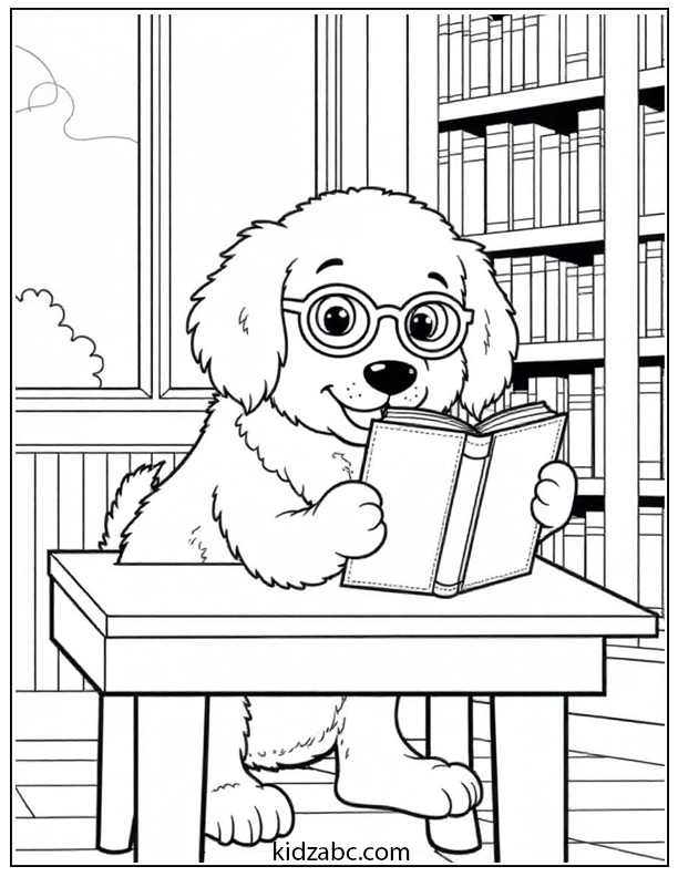A cute puppy reading a book 