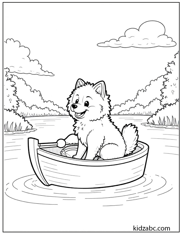 A cute puppy rowing a boat on water scene