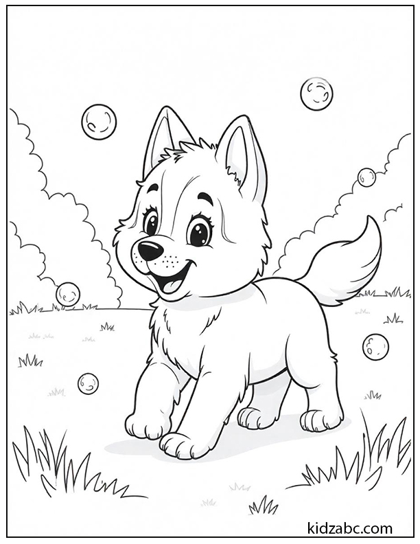 A cute puppy running through a field of bubbles