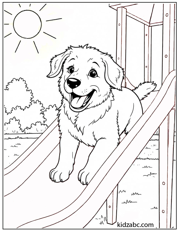 A cute puppy sliding down a playground slide