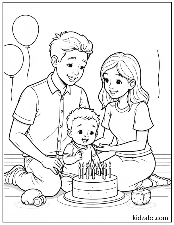 A family celebrates their baby's first birthday with cake and joy