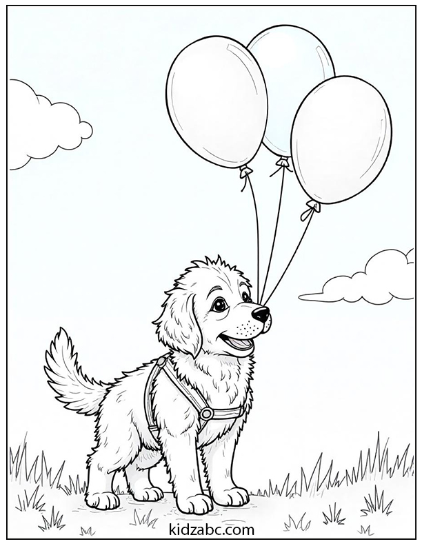 A puppy flying with balloons floating in the sky