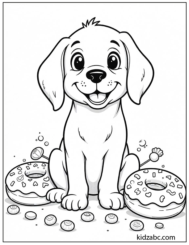 A puppy surrounded by donuts and sweets