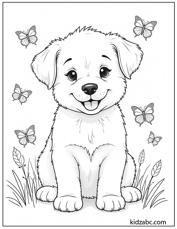 A puppy with butterflies around