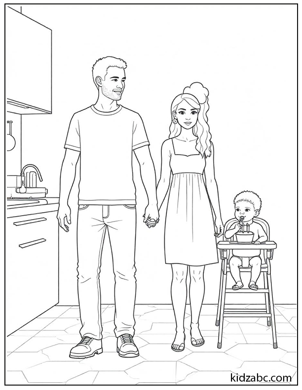 A young family of three in their kitchen, line art